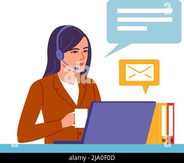 Frau im Headset, die am Laptop arbeitet. Kundendienst Stock Vektor