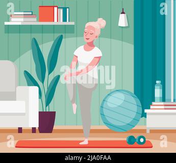 Ältere ältere Menschen Home-Aktivitäten Cartoon-Komposition mit alten Dame Strecken Beine auf Fitness-Matte Vektor-Illustration Stock Vektor