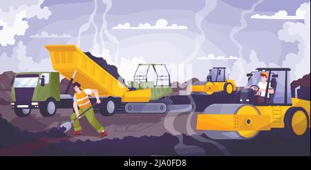 Straße ebnet flache Zusammensetzung mit Arbeitern legen Asphalt und arbeiten an Maschinen Vektor-Illustration Stock Vektor