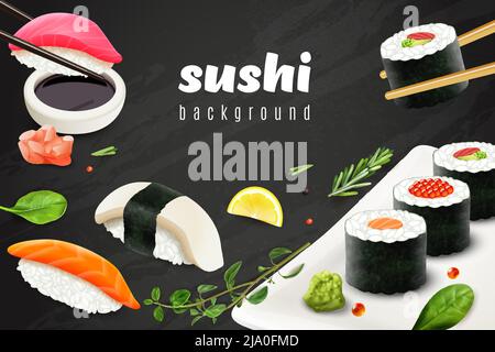 Realistischer Sushi-Hintergrund mit japanischen Food Restaurant Symbole Vektor-Illustration Stock Vektor