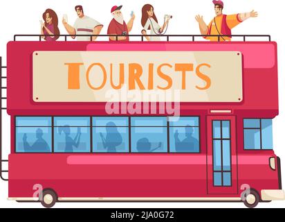 Guide Exkursion Zusammensetzung mit Zeichen des Führers und Gruppe von Touristen auf der Sightseeing-Bus Vektor-Illustration Stock Vektor