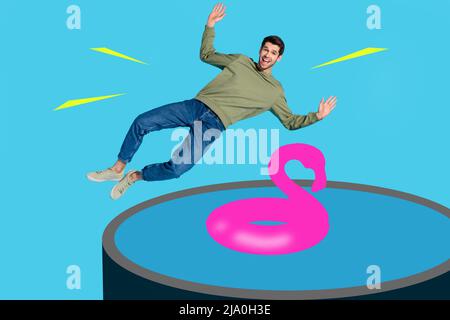 3D kreative abstrakte Vorlage Foto Grafiken Collage von lustigen Kerl entspannende Ruhe Schwimmbad isoliert blauen Hintergrund Stockfoto