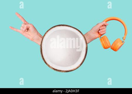 3D kreativ abstrakt Vorlage Foto Grafiken Collage der Arme Palmen Kokos hören harten Rock isoliert türkis blaugrün Farbe Hintergrund Stockfoto