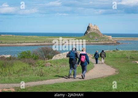 Ältere Menschen gehen, Rückansicht bei sonnigem Wetter eines reifen Paares, das auf Holy Island (Lindisfarne), Northumberland, England, Großbritannien, läuft Stockfoto