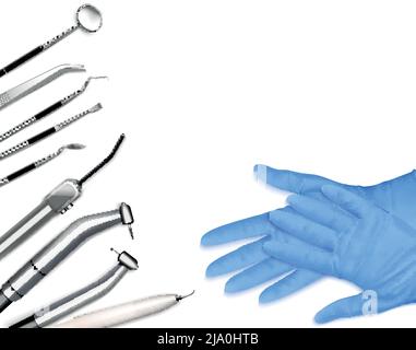 Stomatologische Kabinett realistische Zusammensetzung mit Zahnärzten Hände in Handschuhen und isolierte Bilder von Zahnärzten Werkzeuge Vektor-Illustration Stock Vektor