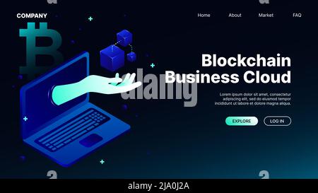 Blockchain Business Cloud. Isometrische Landing Page. Vektorgrafik Stock Vektor