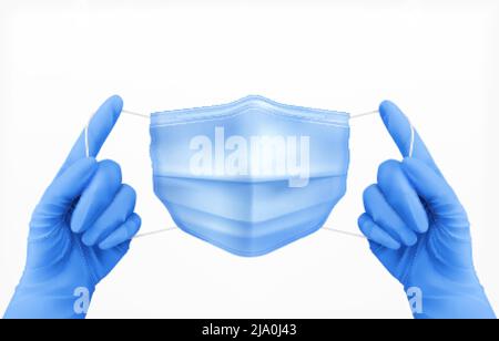 Hände in Handschuhen mit Maske realistisches Konzept mit schützenden Standart-Symbolen Vektordarstellung Stock Vektor