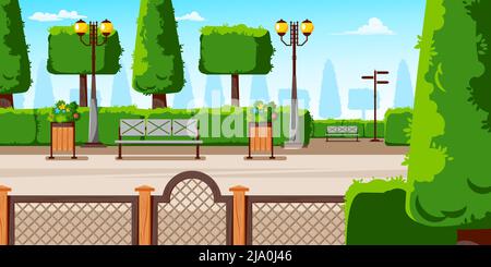 Sommertag Stadtpark zentrale Straße mit Bänken blühenden Sträuchern in Pflanzgefäßen Laternen Nadelbäume Komposition Vektor Illustration Stock Vektor