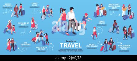 Isometrische Reise Menschen Infografiken mit isolierten Zeichen von Touristen mit Taschen Koffer und editierbare Textunterschriften Vektor-Illustration Stock Vektor