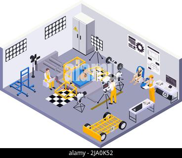 Crash-Test Auto Sicherheit isometrische Zusammensetzung mit Indoor-Landschaft und gebunden Hund mit Ingenieuren Maßnahmen Vektordarstellung Stock Vektor