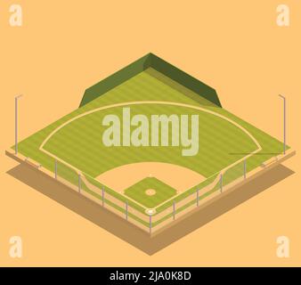 Isometrische Zusammensetzung des Baseballs mit Blick auf ein leeres Ballfeld, das mit Gras mit Stöcken und Diamantvektordarstellung bedeckt ist Stock Vektor