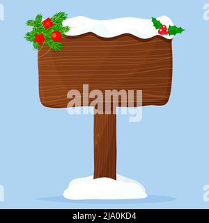Weihnachtsschild aus Holz mit Ornamenten und Schnee verziert. Vektorgrafik flach. Stock Vektor
