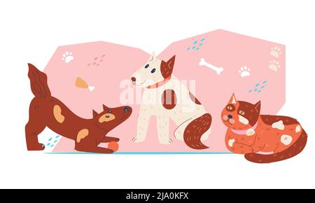 Haustiere niedliche Haustiere Gruppe bei bunten dekorativen Hintergrund, flache Cartoon-Vektor-Illustration isoliert auf weißem Hintergrund. Katzen und Hunde für Vete Stock Vektor