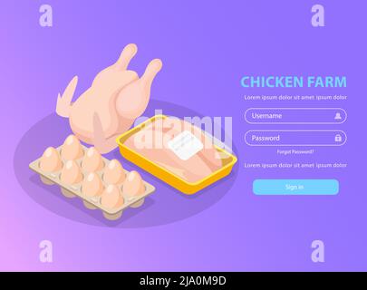 Chicken Farm isometrische Hintergrund-Login-Seite mit editierbarem Text und Bildern von Broilereiern und Filet-Vektor-Illustration Stock Vektor