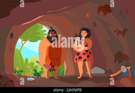 Zwei primitive Menschen mit Kind in Höhle Cartoon Vektor Illustration Stock Vektor