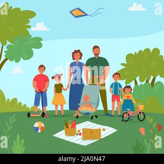 Glückliche Familie mit fünf Kindern im Urlaub mit Picknick im Park flache Vektor-Illustration Stock Vektor