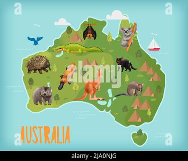 Australische Tiere Zusammensetzung mit Karte des australischen Festlandes mit Ikonen der Wahrzeichen Pflanzen und Tiere Lebensraum Vektor Illustration Stock Vektor