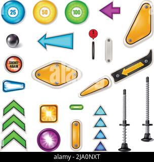 Pinball Maschine Spielfeld realistische Satz mit Kolben Stahlkugel glühenden Pfeilen Flossen Stoßstangen Ziele Vektor-Illustration Stock Vektor