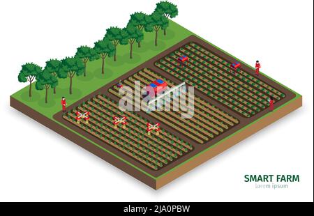 Isometrische Smart Farm Zusammensetzung mit Außenansicht von Plantagen mit Bäumen Menschen und automatisierten Drohnen Traktoren Vektor-Illustration Stock Vektor