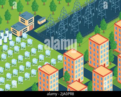 Isometrische grüne Energie horizontale Zusammensetzung mit Stadtblock und Feld von Solarzellen mit Stromlinien Vektor-Illustration Stock Vektor