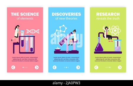 Wissenschaftliche Forschung Labor Tests Entdeckungen Atom dna Molekül Struktur Symbole 3 flache vertikale Banner Set Vektor-Illustration Stock Vektor