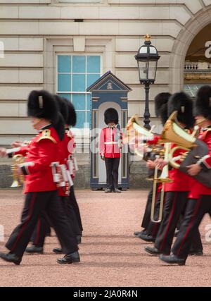 Die Regimentsband oder das Trommeln-Korps der Queens Guard marschieren an Einer Neuen Garde vorbei, die in seiner Wachtheitsbox, dem Buckingham Palace, steht Stockfoto