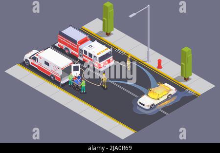 Isometrische Zusammensetzung des Rettungsdienstes mit Feuerwehrleuten auf der Straße, die Feuer aus dem brennenden Auto-Vektor-Illustration auslösten Stock Vektor
