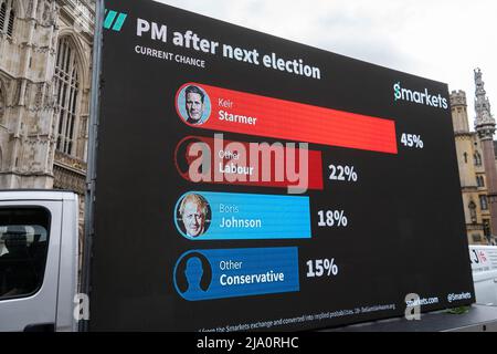 London, 26. Mai 2022. Ein Van zeigt Wettquoten für Smarters auf einem elektronischen Brett an und bietet Quoten für den nächsten konservativen Parteichef, der Boris Johnson und den Kanzler des Excheckr Rishi Sunak ersetzt. Kredit. amer Ghazzal/Alamy Live Nachrichten Stockfoto