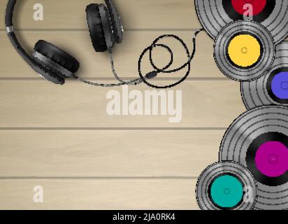 Retro Vinyl Discs und Kopfhörer auf einfachem Holzboden Hintergrund realistische Draufsicht Bild Vektor Illustration Stock Vektor