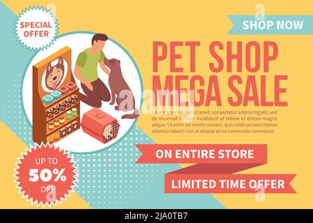 Verkauf Banner PET-Shop isometrischen Hintergrund mit Mann Fütterung Hund in der Nähe Hund Futterstelle mit Text-Vektor-Illustration Stock Vektor