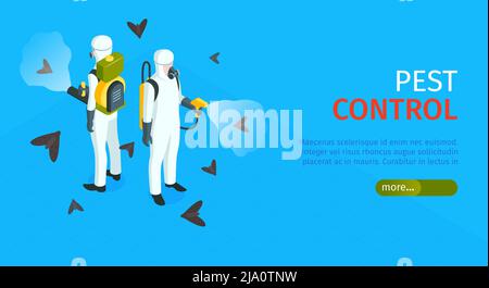 Schädlingsbekämpfung horizontales Banner mit Vernichtungsmaschinen von Insekten in chemischen Schutz mit Abwehrmitteln gegen Schädlinge isometrische Vektordarstellung Stock Vektor