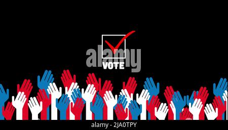 Bild von weißem Feld mit rotem Häkchen und dem Wort Vote und Hände auf schwarzem Hintergrund. Stockfoto