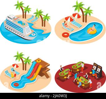 Sea Cruise 2x2 Design-Konzept Set aus vier isometrischen Kompositionen mit Liner, Südlandschaften Palmen und Schwimmbäder Vektor-Illustration Stock Vektor