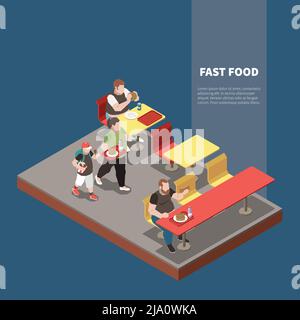 Völlerei isometrisches Konzept mit fetten Menschen im Fast-Food-Restaurant 3d-Vektordarstellung Stock Vektor