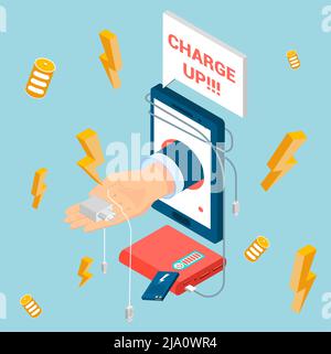 Bunte isometrische Komposition mit elektronischen Geräten und menschlichen Hand halten Ladegerät 3d-Vektor-Illustration Stock Vektor