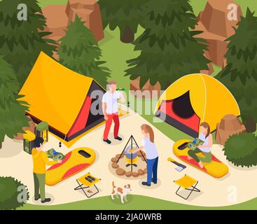 Camping Wandern touristische isometrische Zusammensetzung mit Waldlandschaft und Menschen mit Zelten Schlafsäcke und Lagerfeuer Vektor-Illustration Stock Vektor