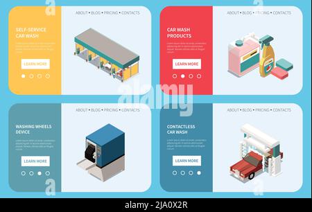 Isometrische horizontale Banner mit Autowaschanlagen und Produkten 3d isoliert Vektor-Illustration gesetzt Stock Vektor