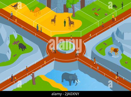 Isometrische Zoo horizontale Zusammensetzung mit Vögeln Blick auf zoologischen Park mit Bahnen Tiere und Besucher Vektor-Illustration Stock Vektor