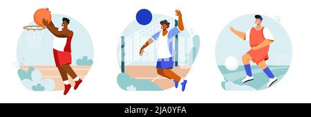 Sportstadion Satz von runden Kompositionen mit Blick im Freien und flache Charaktere von Spielern mit Bällen Vektor-Illustration Stock Vektor