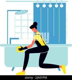 Reinigungsservice flache Zusammensetzung mit menschlichen Charakter der Reinigung Service-Arbeiter Waschen Badewanne Vektor-Illustration Stock Vektor