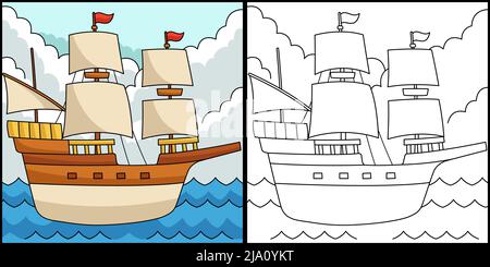 Thanksgiving Pilgrim Boat Coloring Illustration Stock Vektor