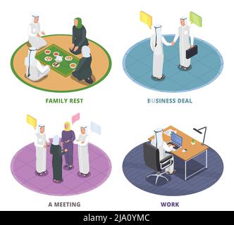 Isometrisches 2x2-Designkonzept mit arabischen Menschen, die sich mit der Familie ausruhen und isolierte 3D-Vektordarstellung arbeiten Stock Vektor