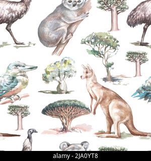 Tiere Australien grafische Illustration Hand gezeichnet Koala Strauß emu isoliert auf weißem Hintergrund gesetzt Stockfoto