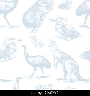 Tiere Australien grafische Illustration Hand gezeichnet Koala Strauß emu isoliert auf weißem Hintergrund gesetzt Stockfoto