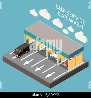 Isometrische Zusammensetzung der Self-Service-Waschanlage Gebäude auf blauem Hintergrund 3d-Vektor-Illustration Stock Vektor