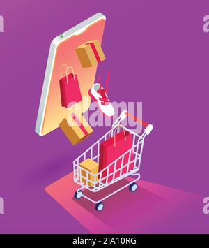 Online-Verkauf buntes Poster mit abstrakter Komposition bestehend aus Käufen im Warenkorb und Smartphone isometrische Vektor-Illustration Stock Vektor