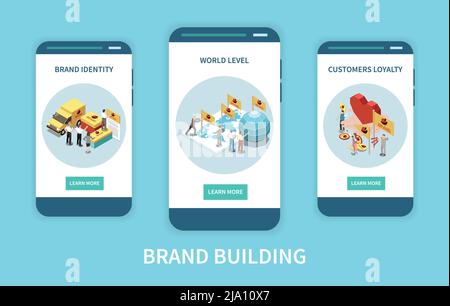 Drei isometrische Banner, die mit markenbildenden Konzepten auf blauem Hintergrund isoliert sind, 3d-Vektorgrafik Stock Vektor