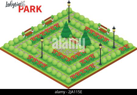 Labyrinth Spiel Komposition mit reich verzierten Text und Plattform mit öffentlichen Park Landschaft mit Blumen Büsche und Bänke Vektor-Illustration Stock Vektor