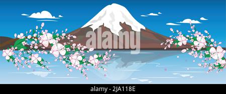 Illustration Fuji Mountain in Japan. Schöne Natur des verschneiten Berges mit Sakura-Blüten. Japanisches romantisches Hotel. Illustration für jedes Design Stock Vektor