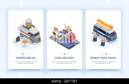 Set mit drei vertikalen isolierten Food Truck isometrische Banner mit Seitenschalter Tasten Text und Autos Vektor-Illustration Stock Vektor